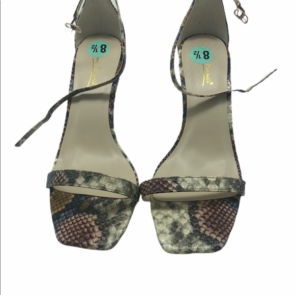 Anne Michelle Snakeskin Print Square Toe Ankle Strap Stiletto Heels Multi 8.5 - Picture 2 of 5